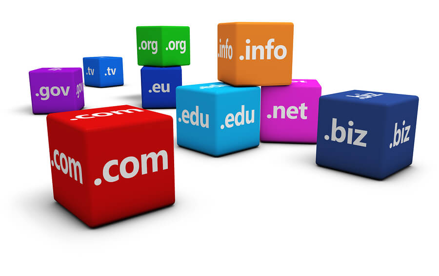 Website and internet domain names concept with domains sign and text on colorful cubes isolated on white background.