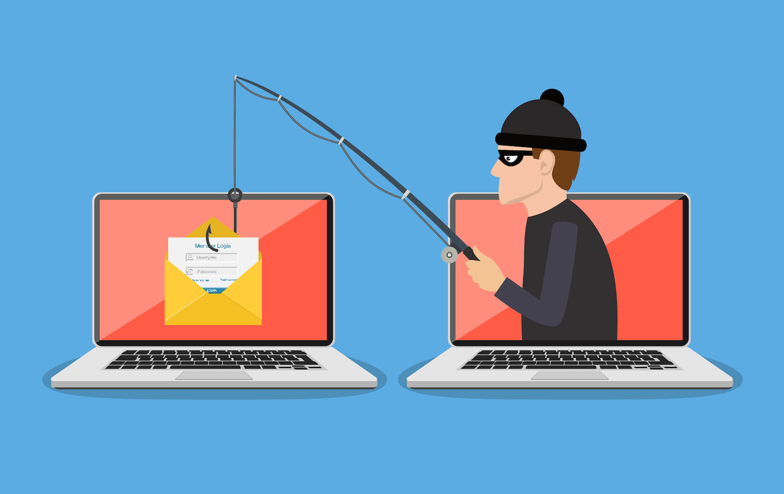 Login into account in email envelope and fishing hook. Phishing scam, hacker attack and web security concept. Online scam and steal. Vector illustration in flat design