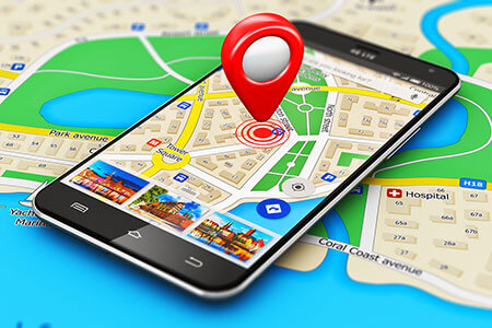 Cell phone with map on map with locator