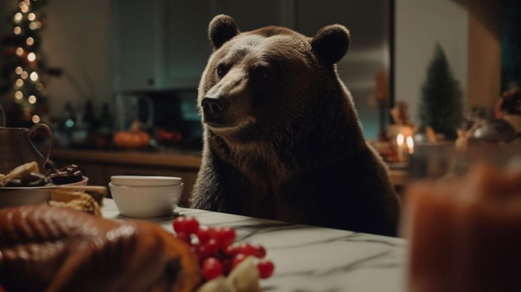 bear at a table with turkey dinner